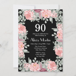 Invitación Moda Borgoña Rosa Flora Negra 90 cumpleaños