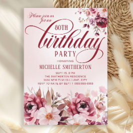 Invitación Moda Borgoña rosa Floral Glam 80º cumpleaños
