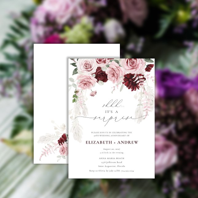 Invitación Moda Borgoña Rubor Aniversario floral de rosas ros (Subido por el creador)