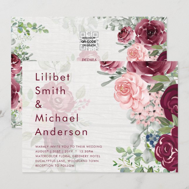 Invitación Moda Borgoña Rubor Boda de vegetación floral rosa (Anverso / Reverso)