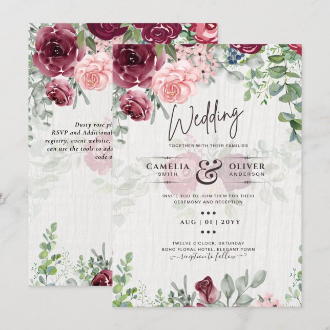 Invitación Moda Borgoña Rubor Boda de vegetación floral rosa (Anverso / Reverso)