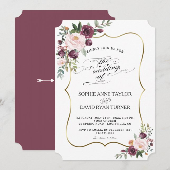 Invitación Moda Borgoña Rubor Ivory Floral Maroon Boda (Anverso / Reverso)
