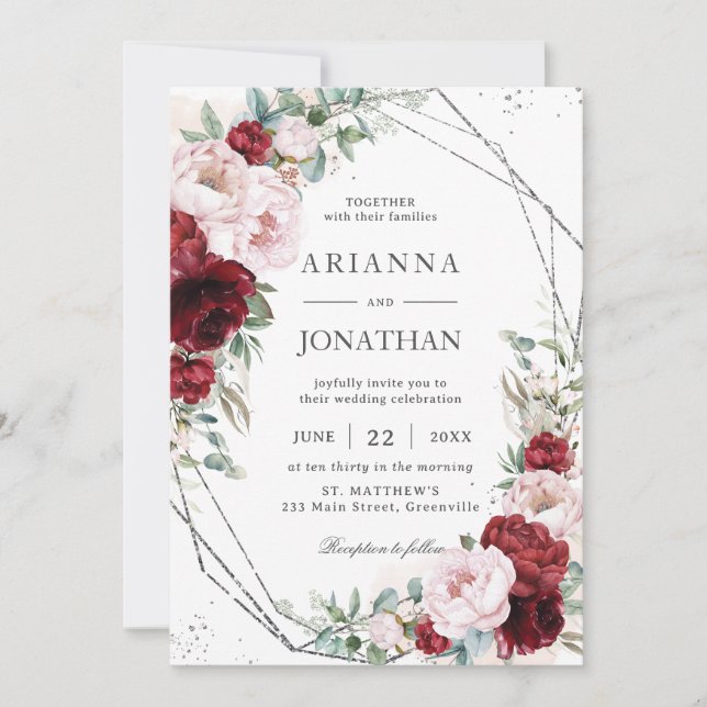 Invitación Moda Borgoña Rubor Peonies Boda Plata Floral (Anverso)