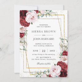 Invitación Moda Borgoña Rubor Peonies Floral Geométrica