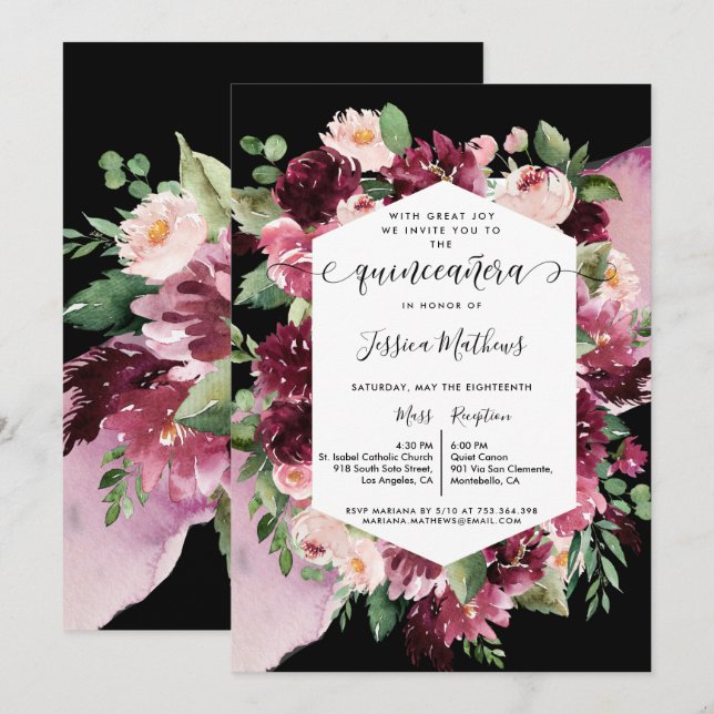 Invitación Moda Borgoña Rubor Pink Black Quinceanera Floral (Anverso / Reverso)