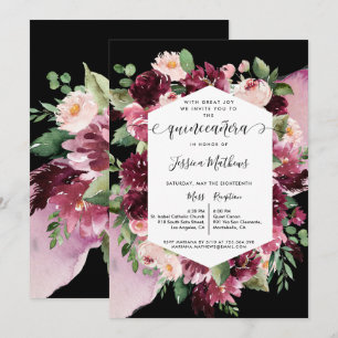 Invitación Moda Borgoña Rubor Pink Black Quinceanera Floral