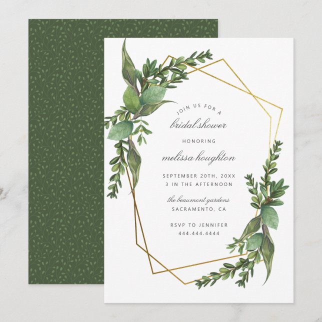 Invitación Moda Botánica deja ducha de novia geométrica de or (Anverso / Reverso)