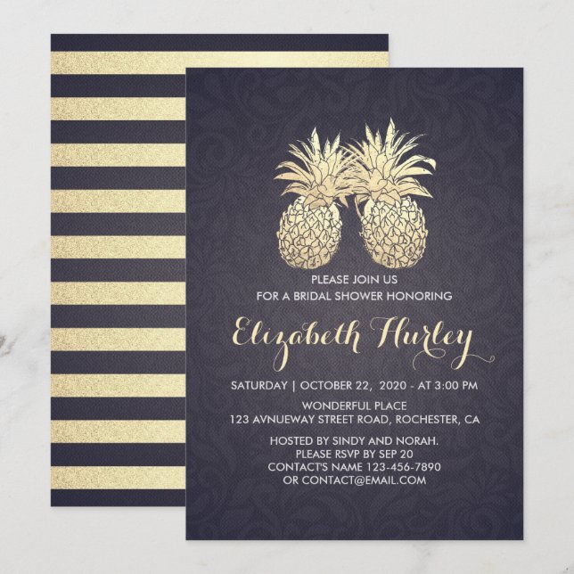 Invitación Moda Bridal Shower Gold Pineapple Pareja Marina Az (Anverso / Reverso)