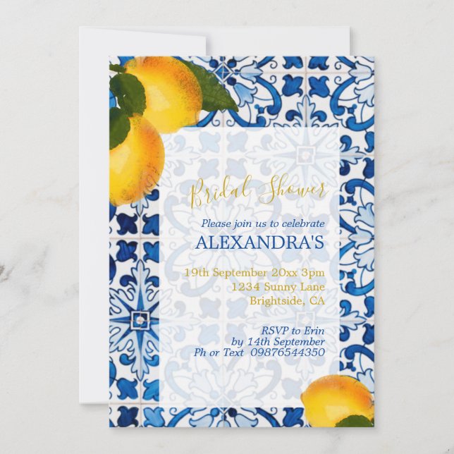 Invitación Moda Bridal Shower Lemon Blue White Tile (Anverso)
