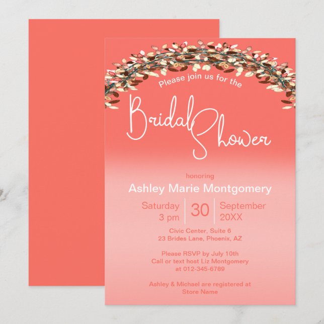 Invitación Moda Bridal Shower Living Coral Ombre Leafy Arch (Anverso / Reverso)