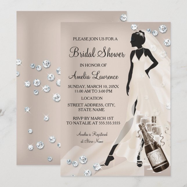 Invitación Moda Bride beige Sparkle Diamond Bridal Shower (Anverso / Reverso)