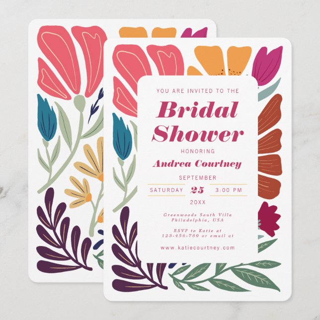 Invitación Moda Brillante Colorido Desemparejamiento Floral B (Anverso / Reverso)