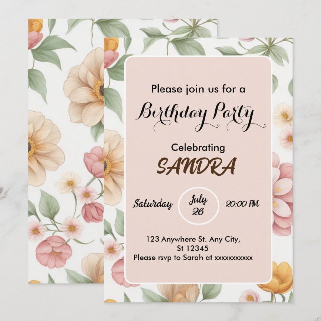 Invitación moda brillante Jardín rosa Aniversario floral (Anverso / Reverso)