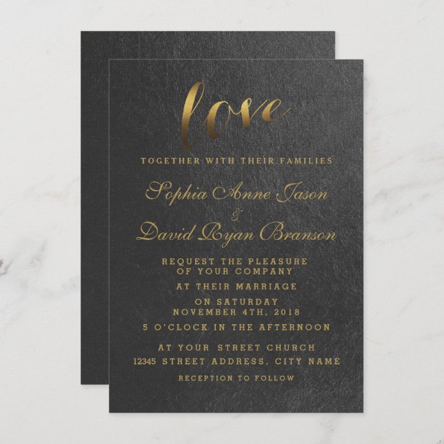 Invitación Moda Brillante Relieve metalizado dorado Amor Boda (Anverso / Reverso)