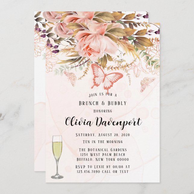 Invitación Moda Brunch y Bubbly de mariposa de Peony Botanica (Anverso / Reverso)