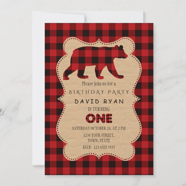 Invitación Moda Búfalo Rojo Flannel Up Cumpleaños Jugado UNO (Reverso)