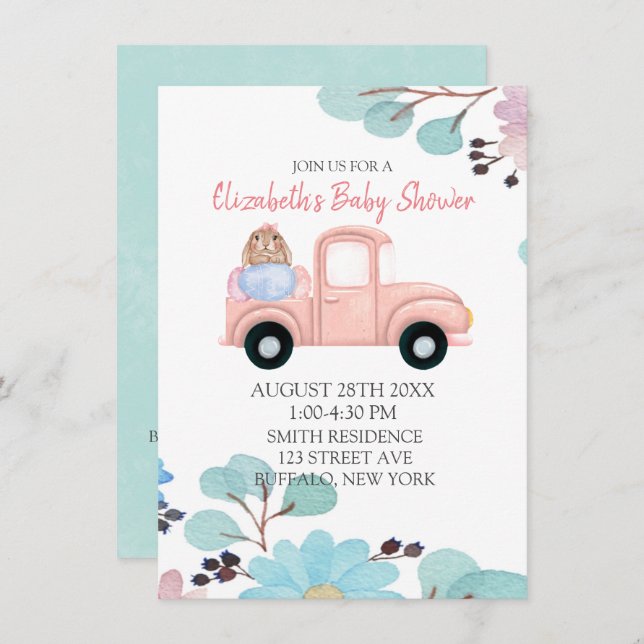 Invitación Moda Bunny Eggs Vintage Truck Baby Shower (Anverso / Reverso)