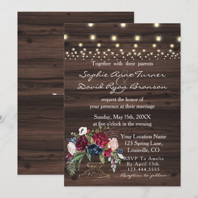 Invitación Moda Burgundy Blue Flores Boda del antiguo granero (Anverso / Reverso)