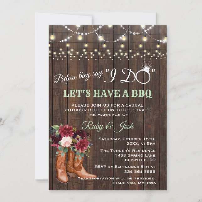 Invitación Moda Burgundy Floral Boots Cowboy antes de hacer b (Anverso)