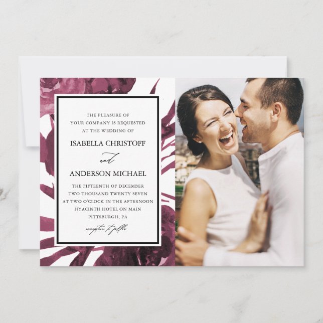 Invitación Moda Burgundy Floral Dos Bodas de fotografía (Anverso)