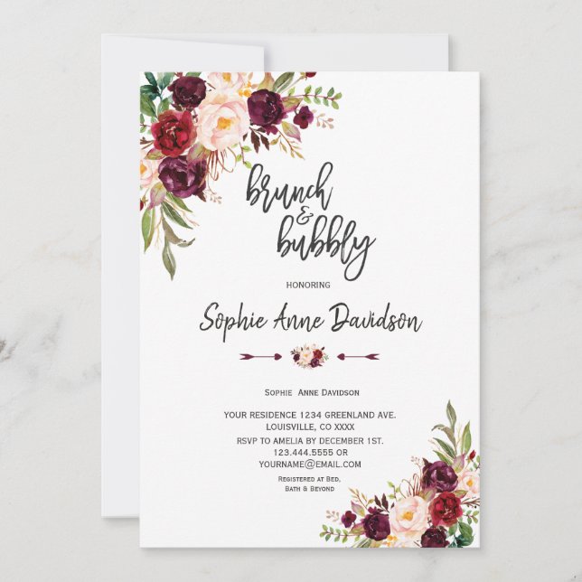 Invitación Moda Burgundy Floral Handwrich Brunch y Bubbly (Anverso)