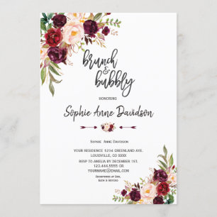 Invitación Moda Burgundy Floral Handwrich Brunch y Bubbly