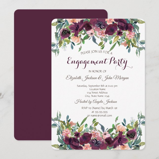 Invitación Moda Burgundy Flowers Engagement (Anverso / Reverso)