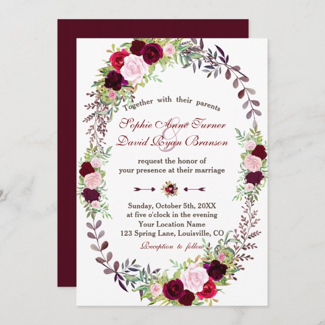 Invitación Moda Burgundy Marsala Boda de la corona floral (Anverso / Reverso)