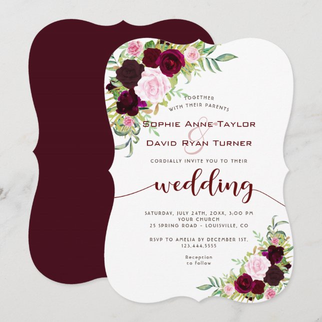 Invitación Moda Burgundy Marsala Boda Floral Gold (Anverso / Reverso)