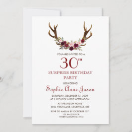 Invitación Moda Burgundy Marsala Floral Antlers 50 cumpleaños