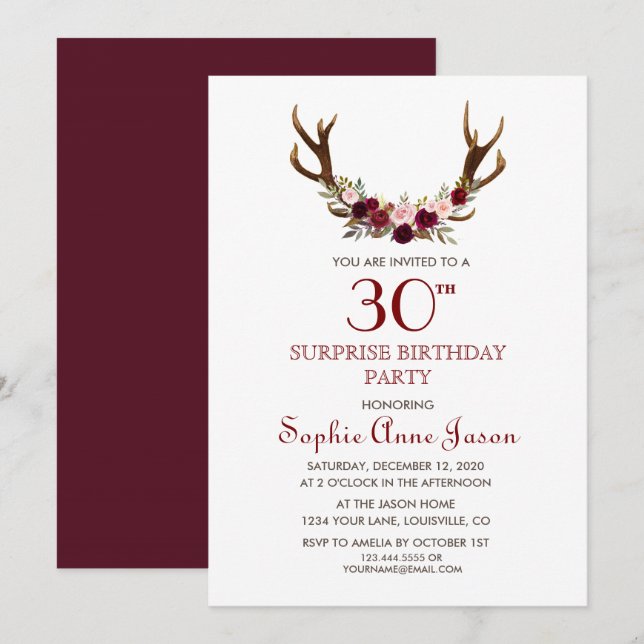 Invitación Moda Burgundy Marsala Floral Antlers 50 cumpleaños (Anverso / Reverso)