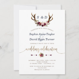 Invitación Moda Burgundy Marsala Floral Antlers Boda de oro