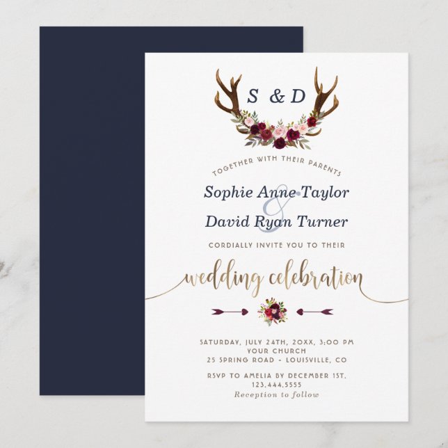 Invitación Moda Burgundy Marsala Floral Antlers Boda de oro (Anverso / Reverso)