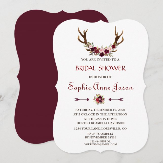 Invitación Moda Burgundy Marsala Floral Antlers Bridal Shower (Anverso / Reverso)