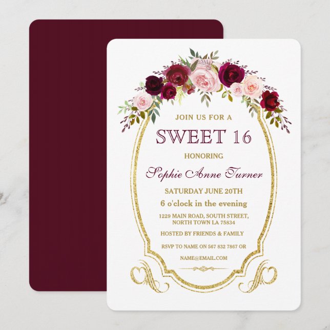 Invitación Moda Burgundy Marsala Floral Fall SWEET 16 (Anverso / Reverso)