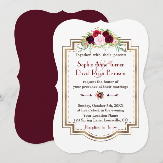 Invitación Moda Burgundy Marsala Floral Gold Fall Wedding (Anverso / Reverso)