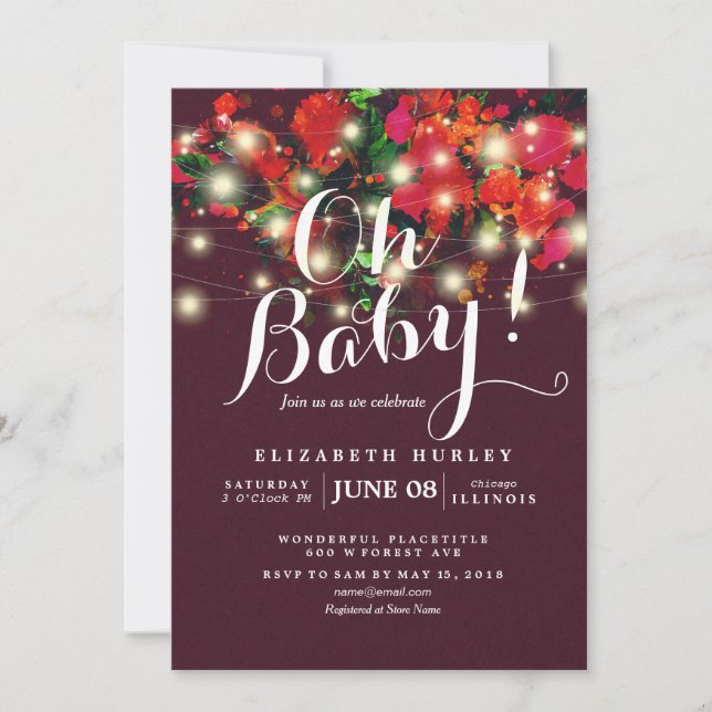 Invitación Moda Burgundy Red Floral String Lights Baby Shower (Anverso)