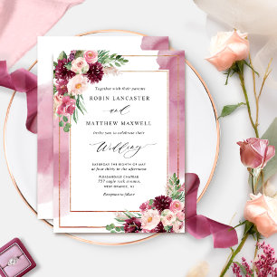 Invitación Moda Burgundy Rubor acuarela y Boda floral