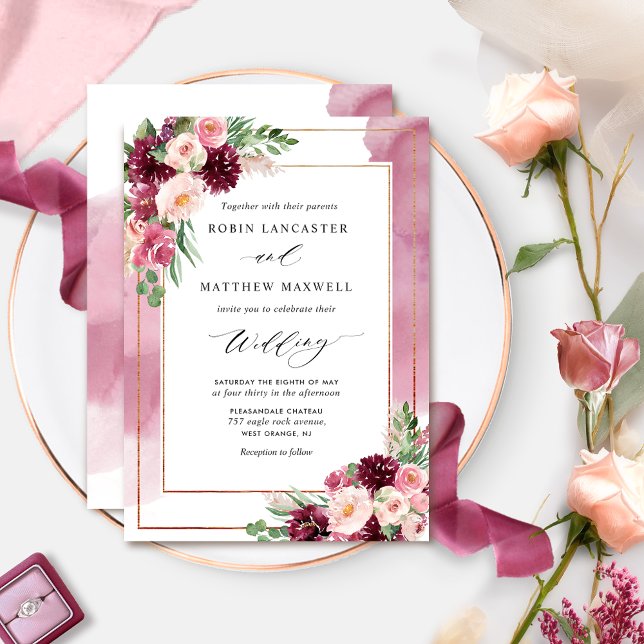Invitación Moda Burgundy Rubor acuarela y Boda floral (Subido por el creador)