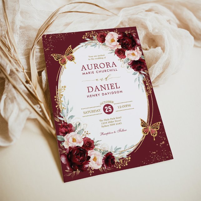 Invitación Moda Burgundy Rubor Floral Butterfly Wedding Party (Subido por el creador)