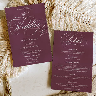 Invitación Moda burgundy todo en un boda de caligrafía