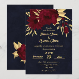 Invitación Moda burgundy y boda de la marina de oro