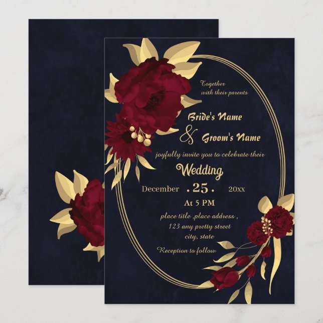 Invitación Moda burgundy y boda de la marina de oro (Anverso / Reverso)