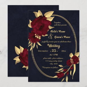 Invitación Moda burgundy y boda de la marina de oro