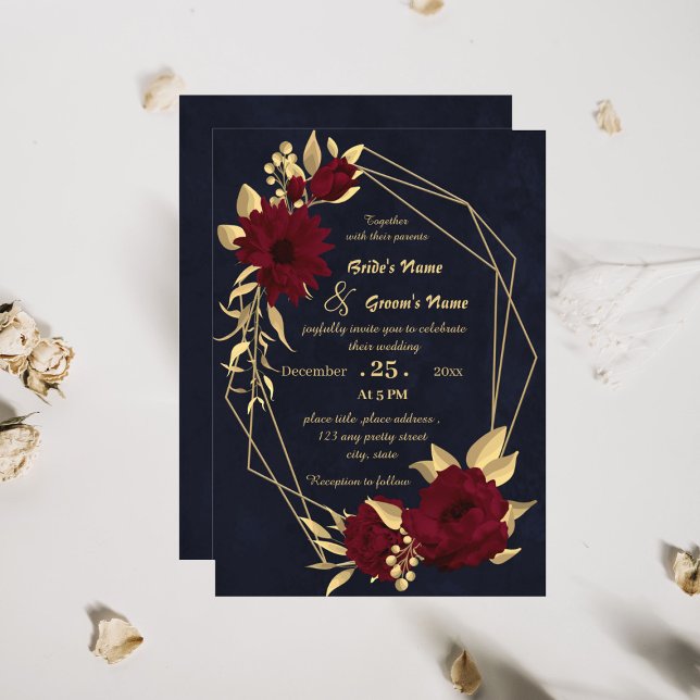 Invitación Moda burgundy y boda geométrico de la marina de or (Subido por el creador)