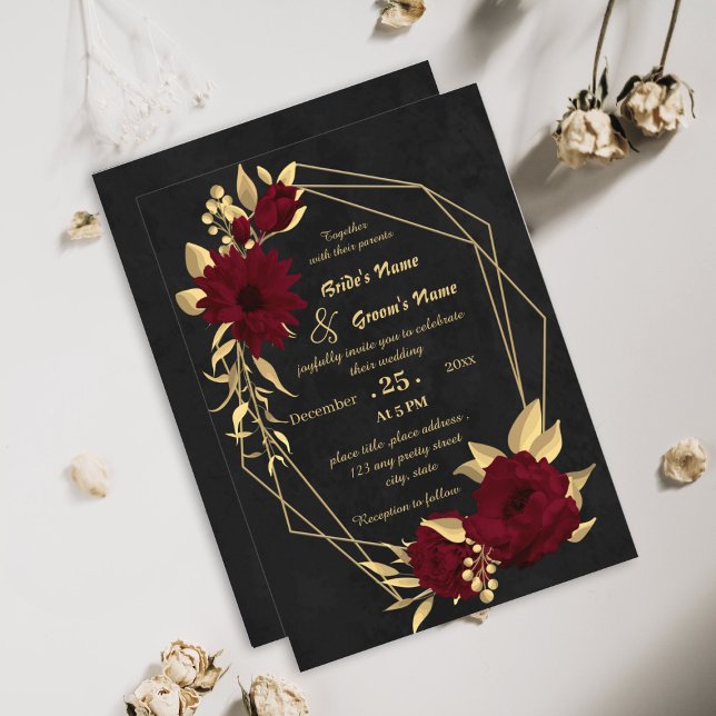 Invitación Moda burgundy y boda geométrico negro dorado (Subido por el creador)