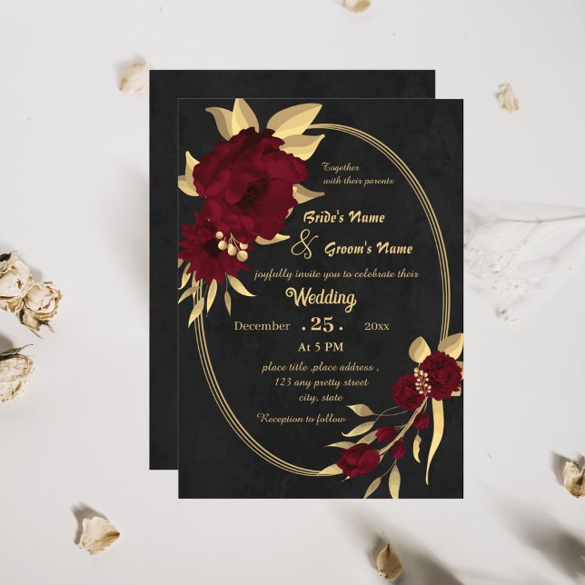 Invitación Moda burgundy y boda negro dorado (Subido por el creador)