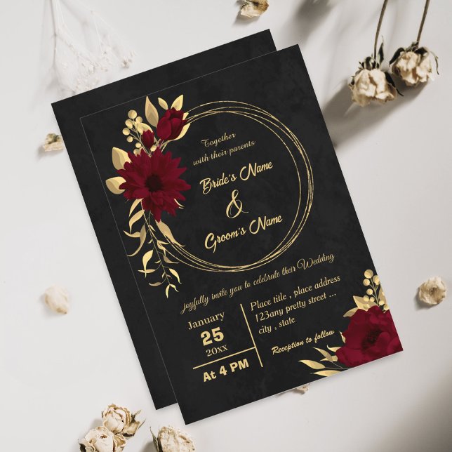 Invitación Moda burgundy y boda negro dorado (Subido por el creador)