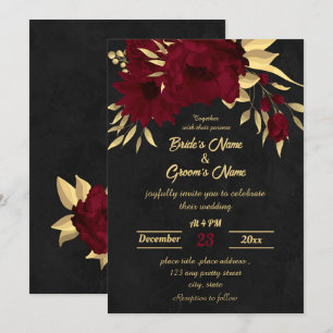 Invitación Moda burgundy y boda negro dorado