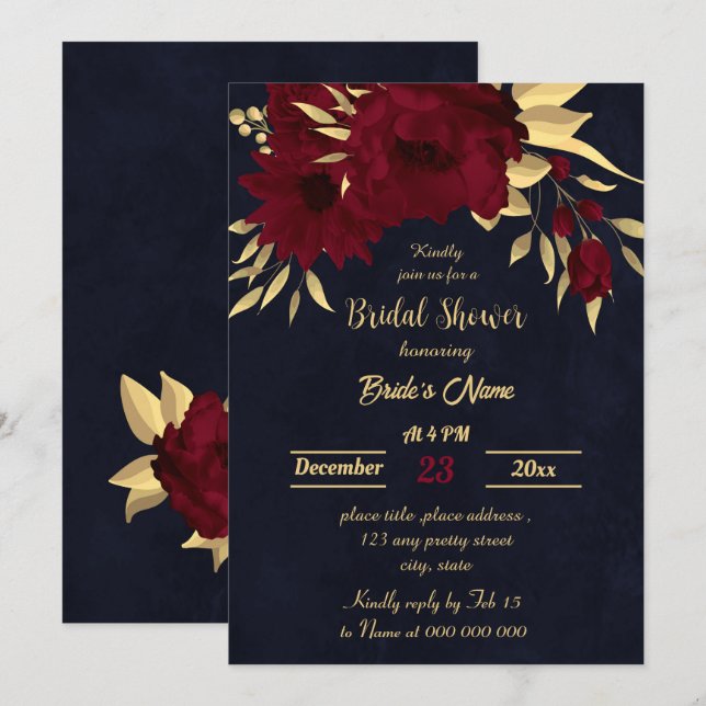 Invitación Moda burgundy y ducha de novia de la marina de oro (Anverso / Reverso)